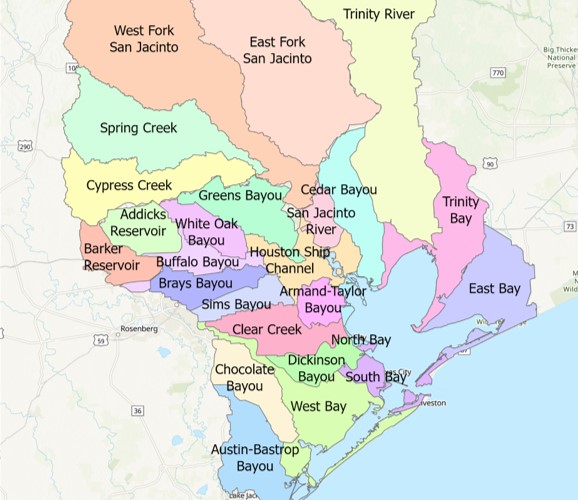 Map of the sub-watersheds around Galveston Bay